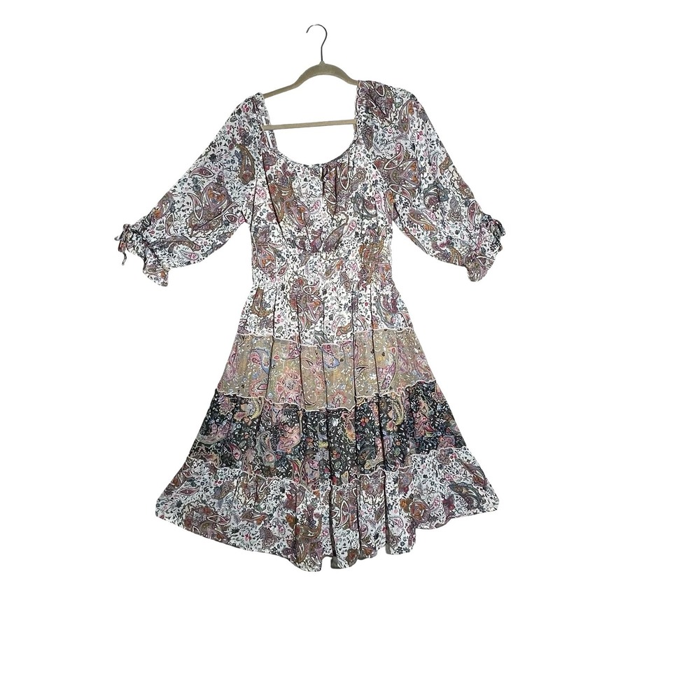 Fig & Flower Anthropologie Boho Paisley Tiered Smocked Dress 3/4 Tie Sleeve